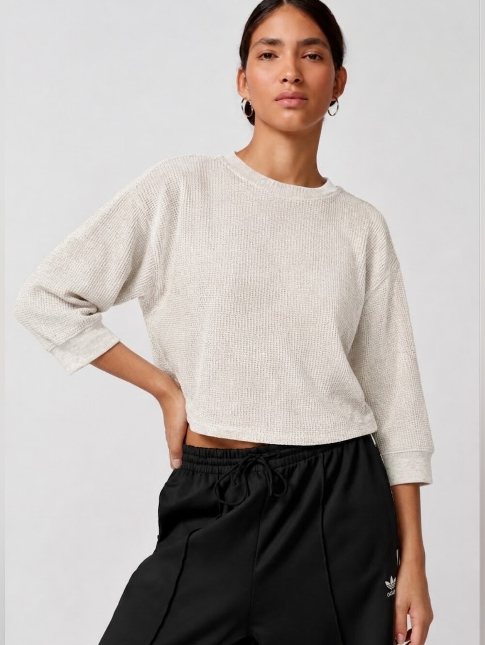 Uniqlo Cream Waffle Knit Minimalist Relaxed 3/4 Sleeve Capsule Women Sweater M